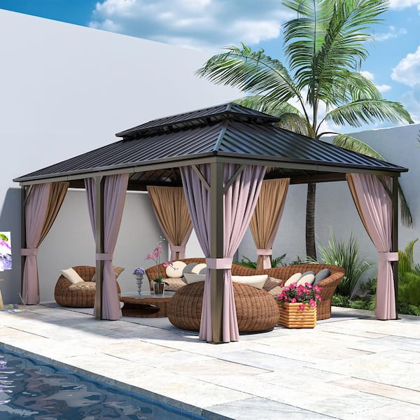 12 ft. x 18 ft. Brown Extra-Large Hardtop Patio Gazebo with Double Roof, with Breathable Netting and Privacy Sidewalls
