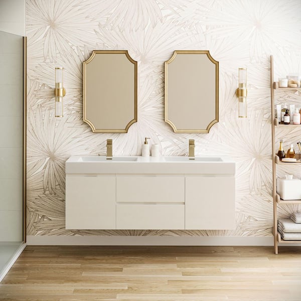 Valencia 60 in. W Wall Hung Bathroom Vanity in Glossy White with Double Acrylic Vanity Top in White