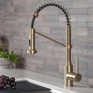 Single Handle 18-Inch Commercial Pull Down Kitchen Faucet with Dual Function Sprayhead in Brushed Gold