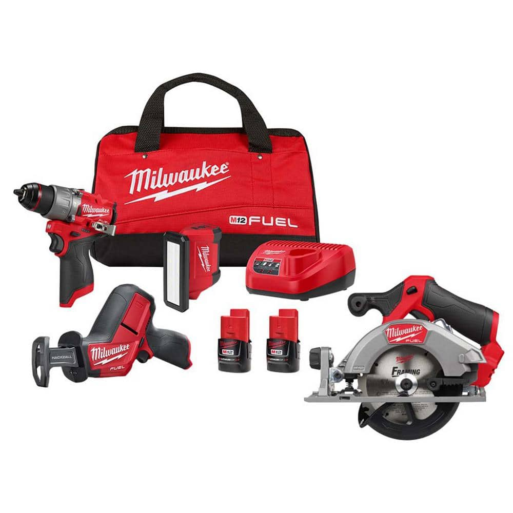 Milwaukee M12 FUEL 12-Volt Li-Ion Brushless Cordless Hammer Drill Combo Kit, Recip Saw, Light, Circ Saw w/2 Batteries (4-Tool)