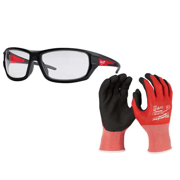 Milwaukee Performance Safety Glasses with Clear Fog-Free Lenses with Medium Level 1 Cut Resistant Nitrile Gloves
