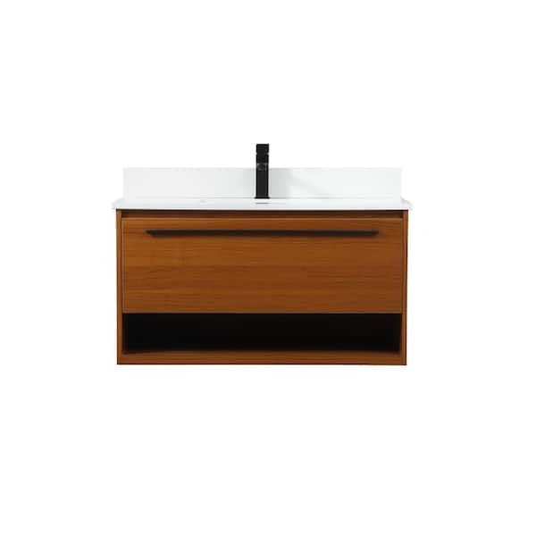Unbranded Simply Living 36 in. W x 18 in. D x 19.7 in. H Bath Vanity in Teak with Ivory White Engineered Marble Top
