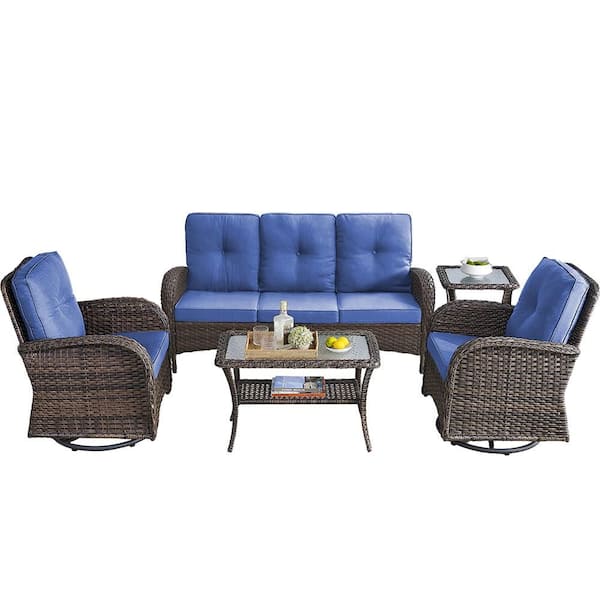 Brown 5-Piece Wicker Patio Conversation Set with Swivel Rockers, Outdoor Sofa Seating Set with Blue Cushions