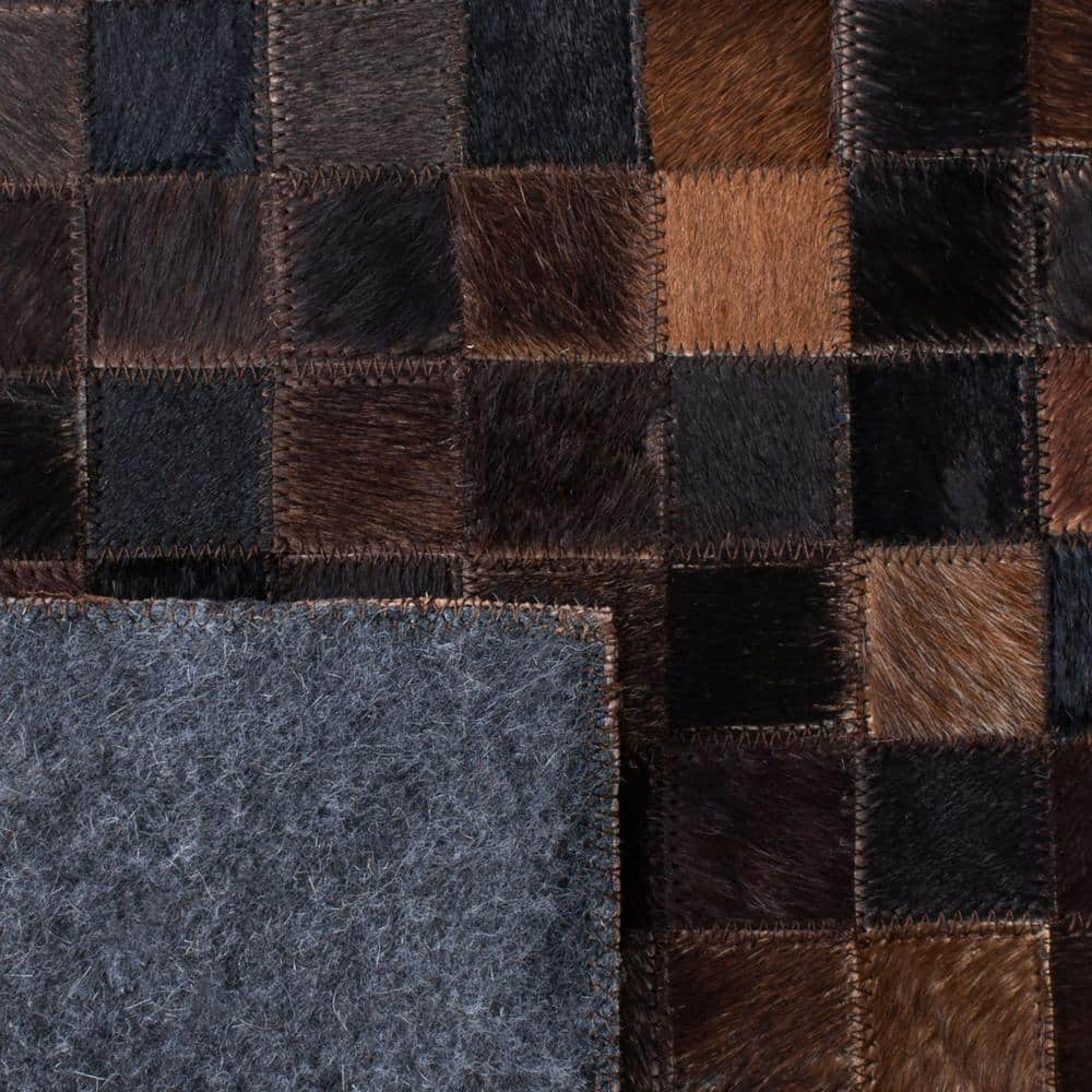 Beige and Brown Hand-Knotted Geometric Cowhide Rug