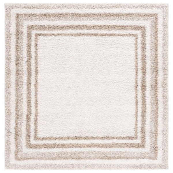 Border and Stripe Shag 7 ft. x 7 ft. Ivory/Beige Concentric Border square Area Rug