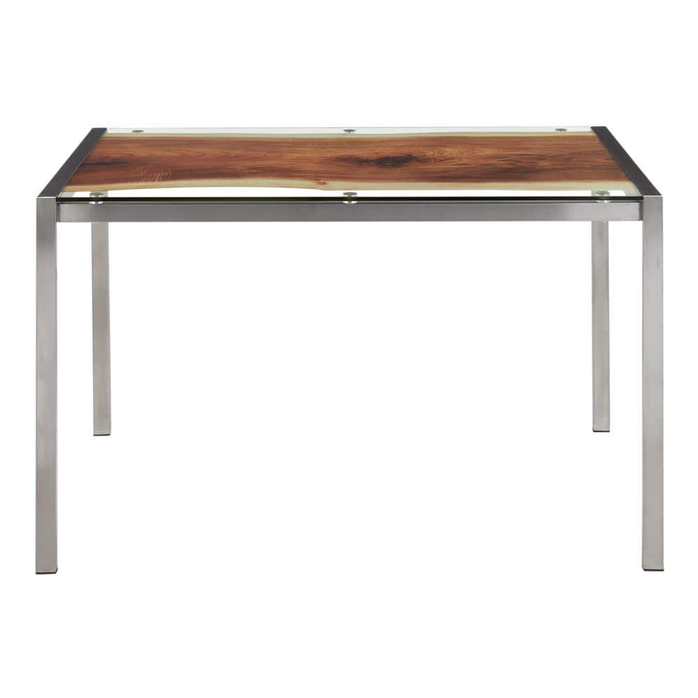 Rectangular Brown Glass Dining Table with Stainless Steel Frame