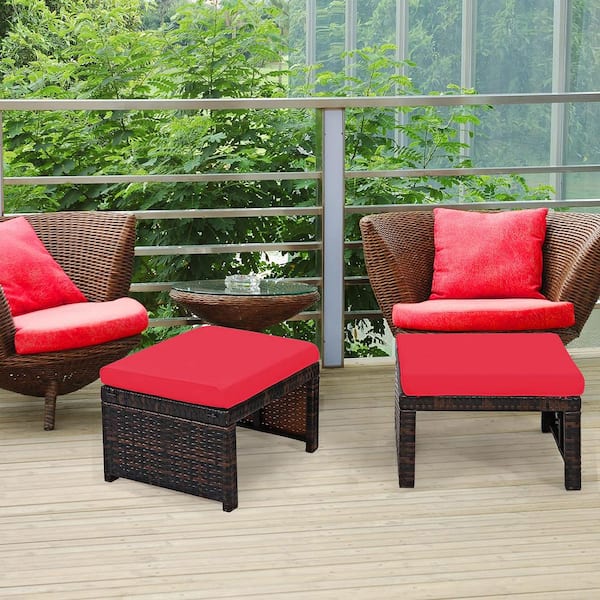 Unbranded 15.5 in. D x 19.5 in. W x 13 in. H Brown Wicker Outdoor Ottoman with Removable Red Cushion (2 Pack)