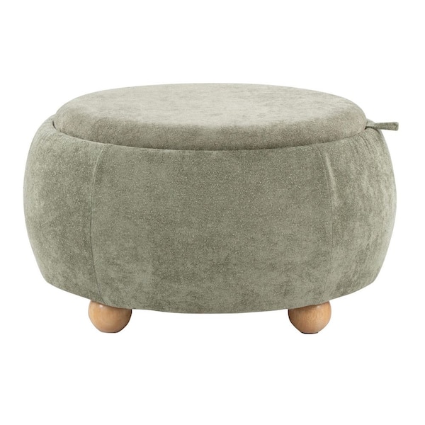 Tray Pouf Green Fabric and Natural Wood Storage Ottoman