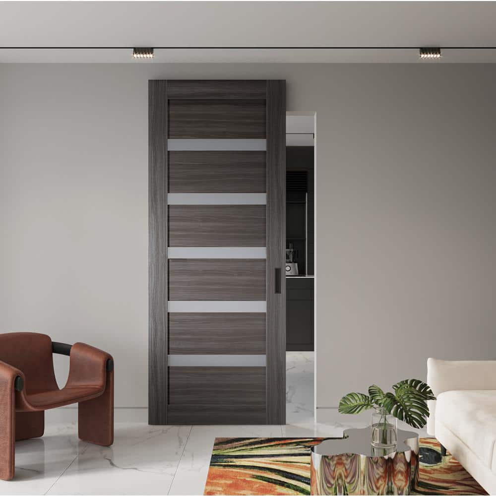 Leora Gray Oak and Frosted Glass Sliding Barn Door Kit