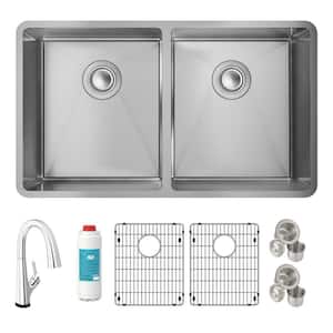 Crosstown 32 in. Undermount Double Bowl 18-Gauge Stainless Steel Kitchen Sink Kit w/ Faucet and Accessories