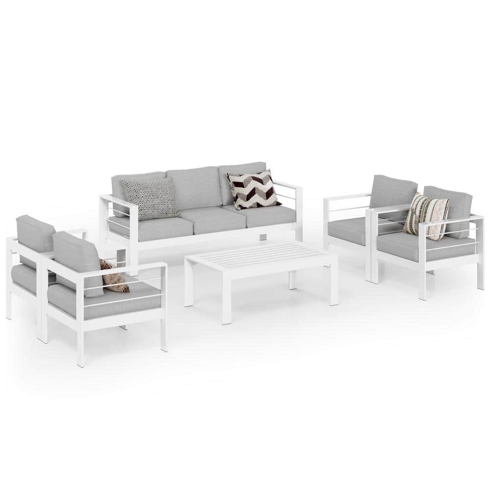 White Aluminum 6-Piece Patio Conversation Set with Light Gray Cushions