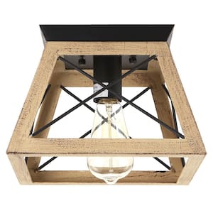 9.84 in. 1-Light Wood-like/Black Rustic Farmhouse Caged Flush Mount Chandelier with No Bulbs Included(1-Pack)