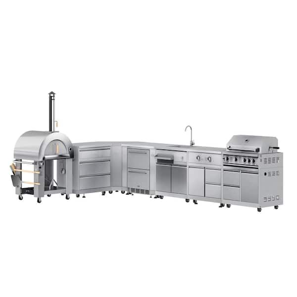 Kitchen, Dual Fuel Pizza Oven, 3-Drawers, Corner Cabinet, Fridge, Sink, Side Burner, and 30 in. Propane Grill in SS