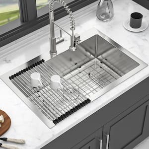 33 in. Drop-in Single Bowl 16 Gauge Brushed Nickel Stainless Steel Kitchen Sink with Bottom Grids