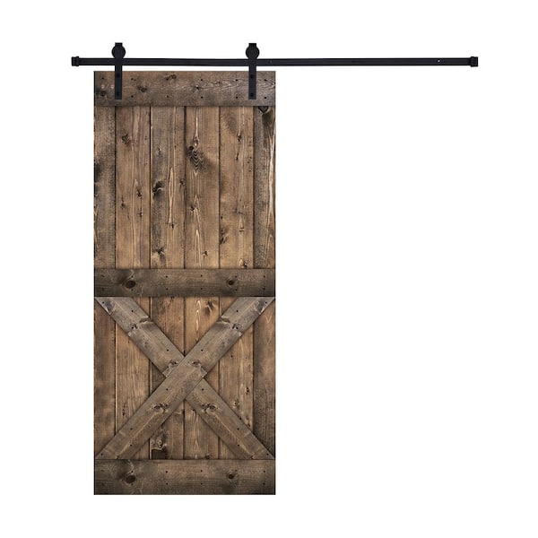 Akicon Paneled 30 in. x 84 in. 9-Panel Jacobean-MX Half X Brace Wood Sliding Door
