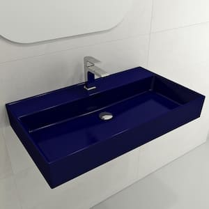 Milano Wall-Mounted Sapphire Blue Fireclay Rectangular Bathroom Sink 32 in. 1-Hole with Overflow
