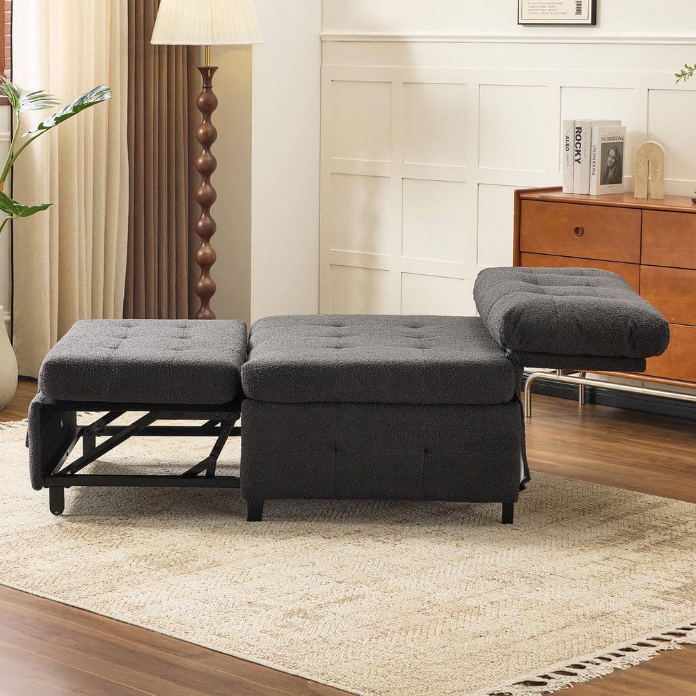 36.9 in. Dark Gray Teddy Fleece Velvet Twin Size Sofa Bed Pull Out Sofa For Small Spaces