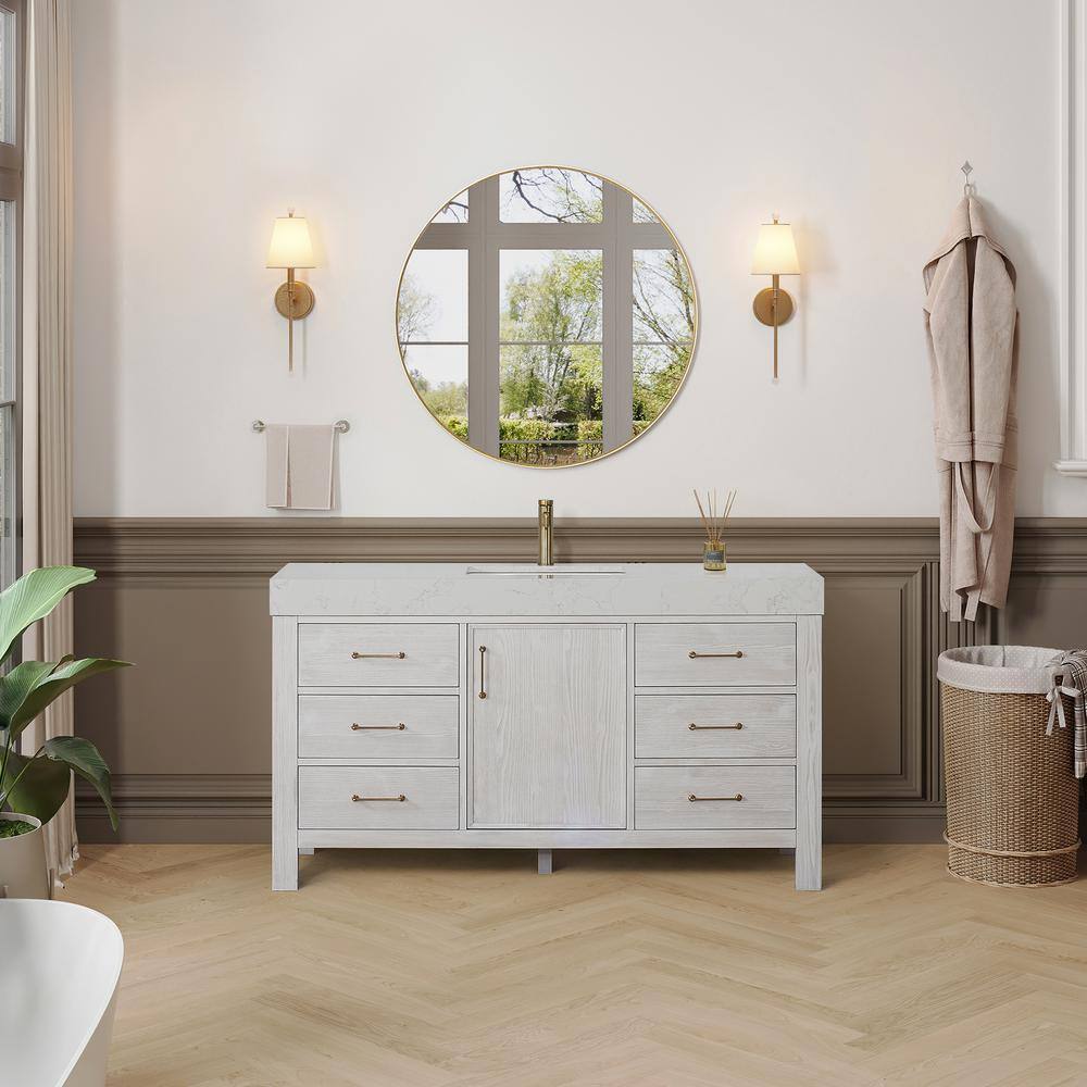 León 60 in. W x 22 in. D x 34 in. H Single Bath Vanity in Washed White with White Composite Stone Top and Mirror price history on PriceWatchPro