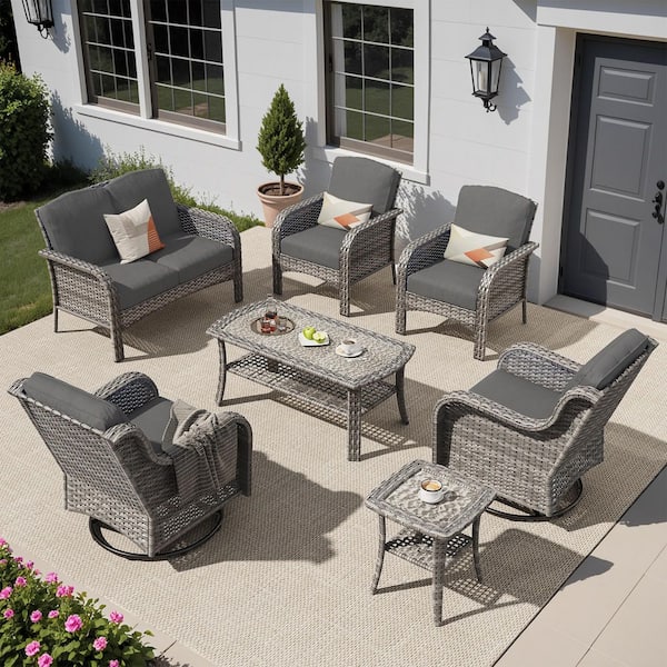 Mejy Gray 7-Piece Wicker Patio Conversation Set with Black Cushions and Swivel Chairs