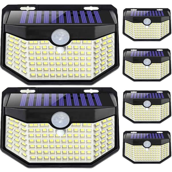 120-LED Black ABS Solar Outdoor Wall Lights, Daylight White, Motion Sensor, 3 Modes, 6-Pack