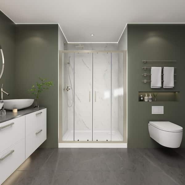 ES-DIY 50 in. 54 in. W x 70 in. H Sliding Framed Alcove Shower Door Bath Panel in Nickel Finish with Clear Glass