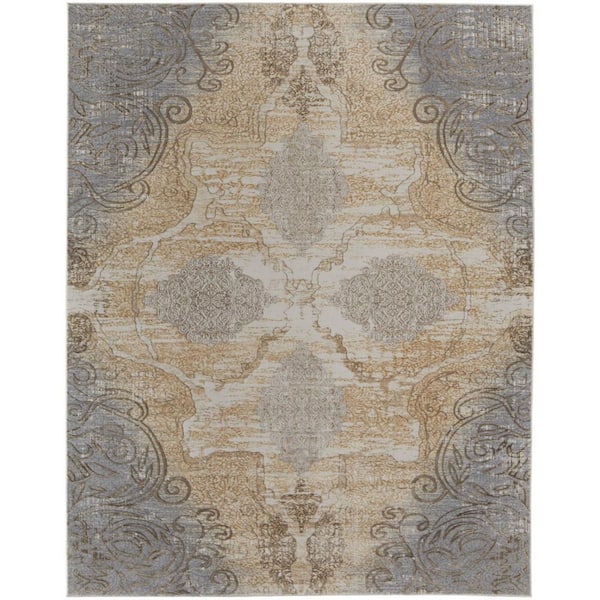 2 ft. x 8 ft. Tan, Gray Floral Area Rug