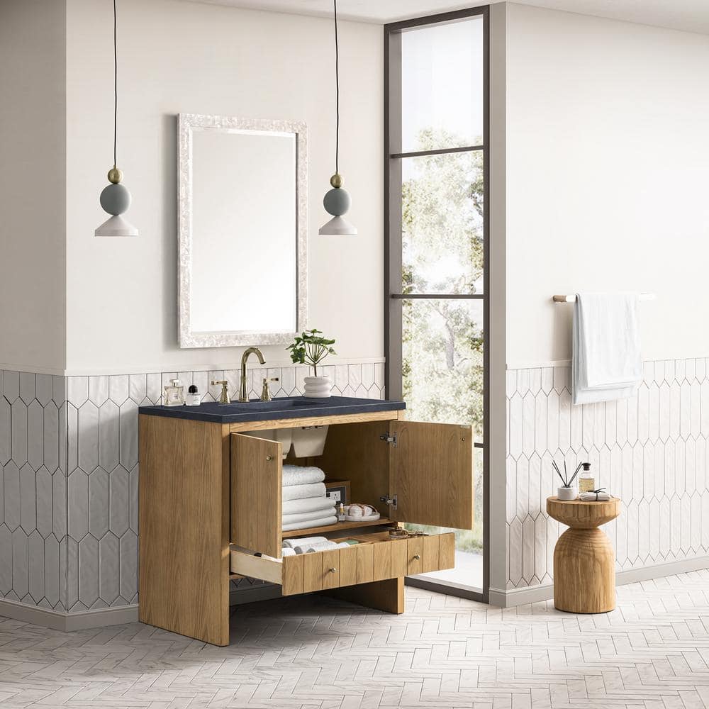 Hudson 36" Light Natural Oak Single Vanity Base with Brass Knobs