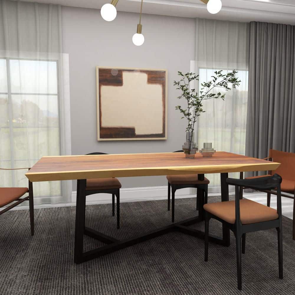 Contemporary Brown Wood Dining Table with Black Metal Base