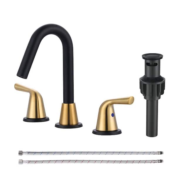 VEVETTA 8 in. Widespread Double Handle Bathroom Faucet with Pop-Up Drain in Gold and Black