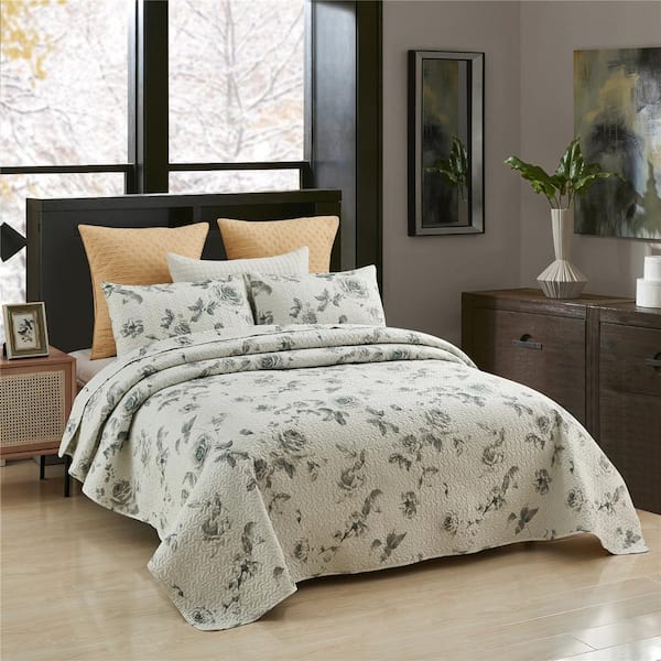 JML 3 Piece Gray Floral Reversible Queen Quilt Set QSM04-4-K - The Home ...