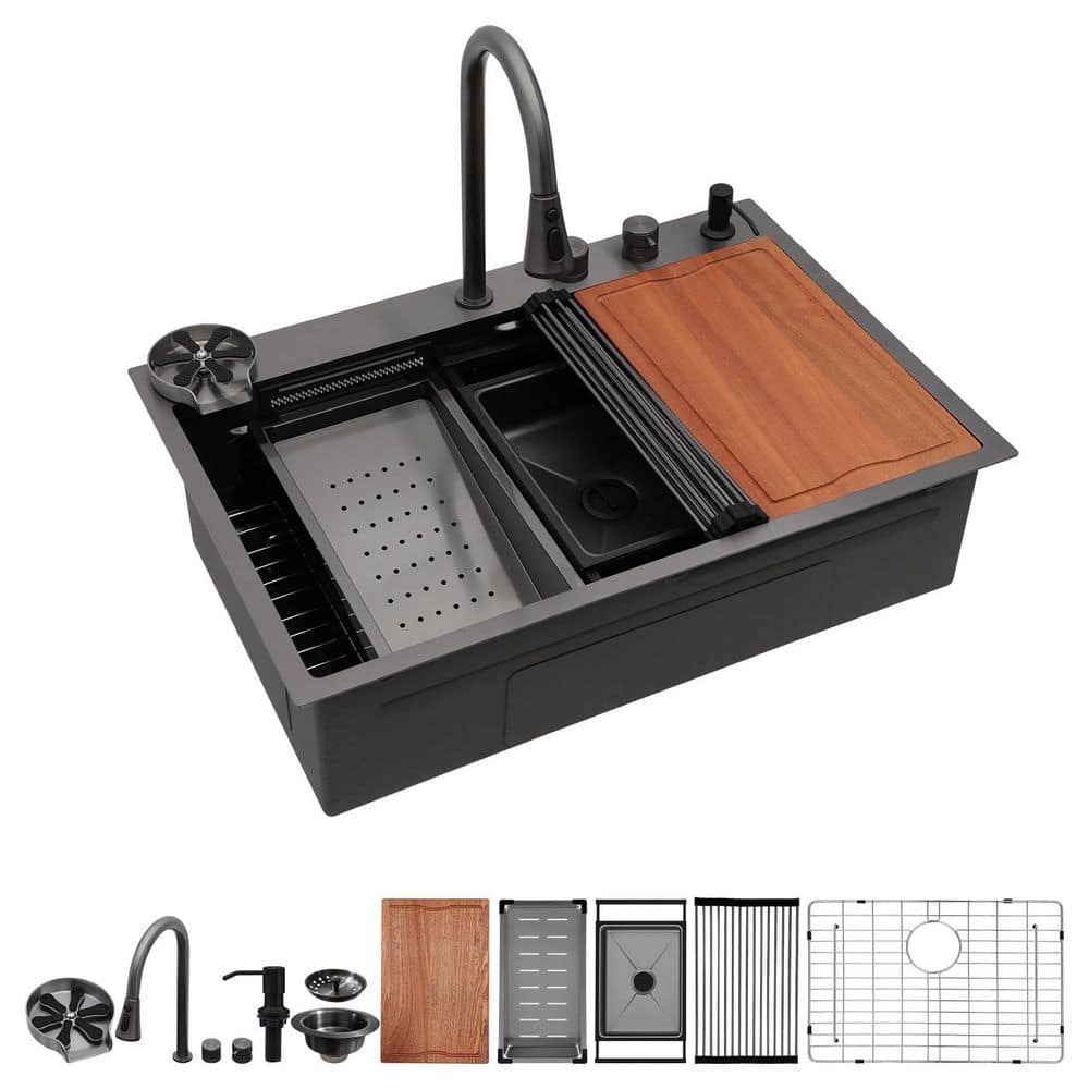 33 in. Drop-In/Topmount Single Bowl Gunmetal Black Stainless Steel Luxury Waterfall Workstation Kitchen Sink with Faucet price history on PriceWatchPro