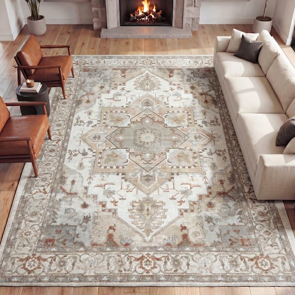 Sersi Ornate Large Medallion Border Non-Slip Machine-Washable Beige/Cream 8 ft. x 10 ft. Area Rug