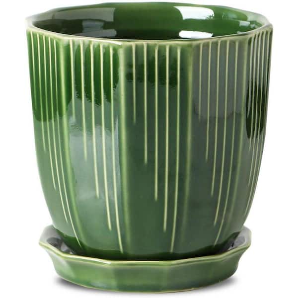 6 in. Green Ceramic Planter (Geometric Design, Drainage and Saucer)