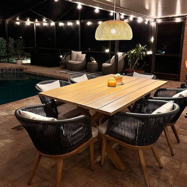 Teak-Finish 7-Piece Wicker Square Aluminum Frame Outdoor Dining Set and Pillows with Beige Cushions