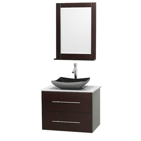 Wyndham Collection Centra 30 in. Vanity in Espresso with Solid-Surface Vanity Top in White, Black Granite Sink and 24 in. Mirror
