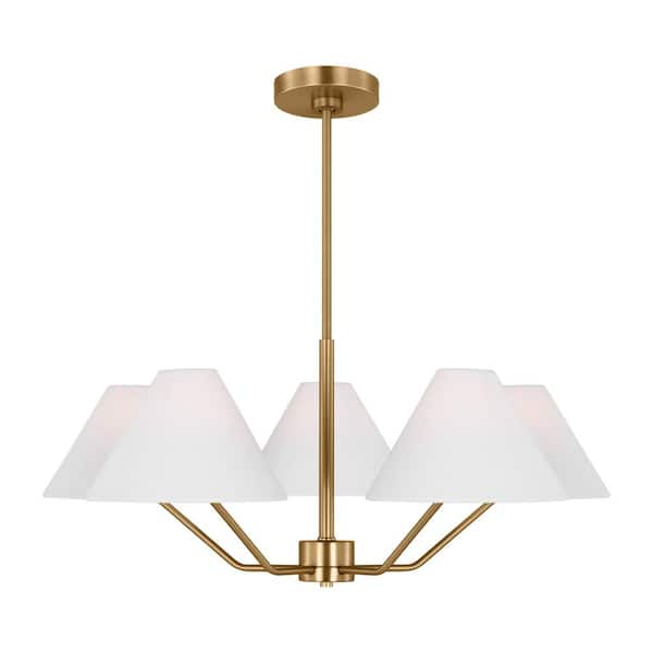 Burke 5-Light Satin Brass Medium Chandelier with White Linen Fabric Shades