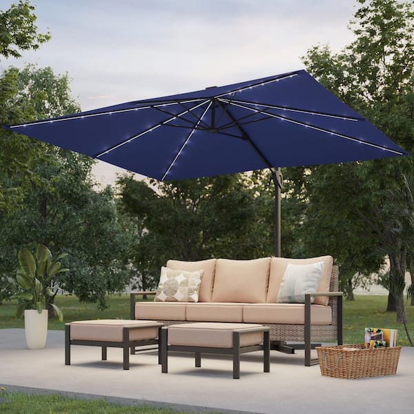 10 x 8 ft. Metal Solar-powered Cantilever Patio Umbrella with 360° Rotation and Canopy Angle Adjustment in Navy Blue