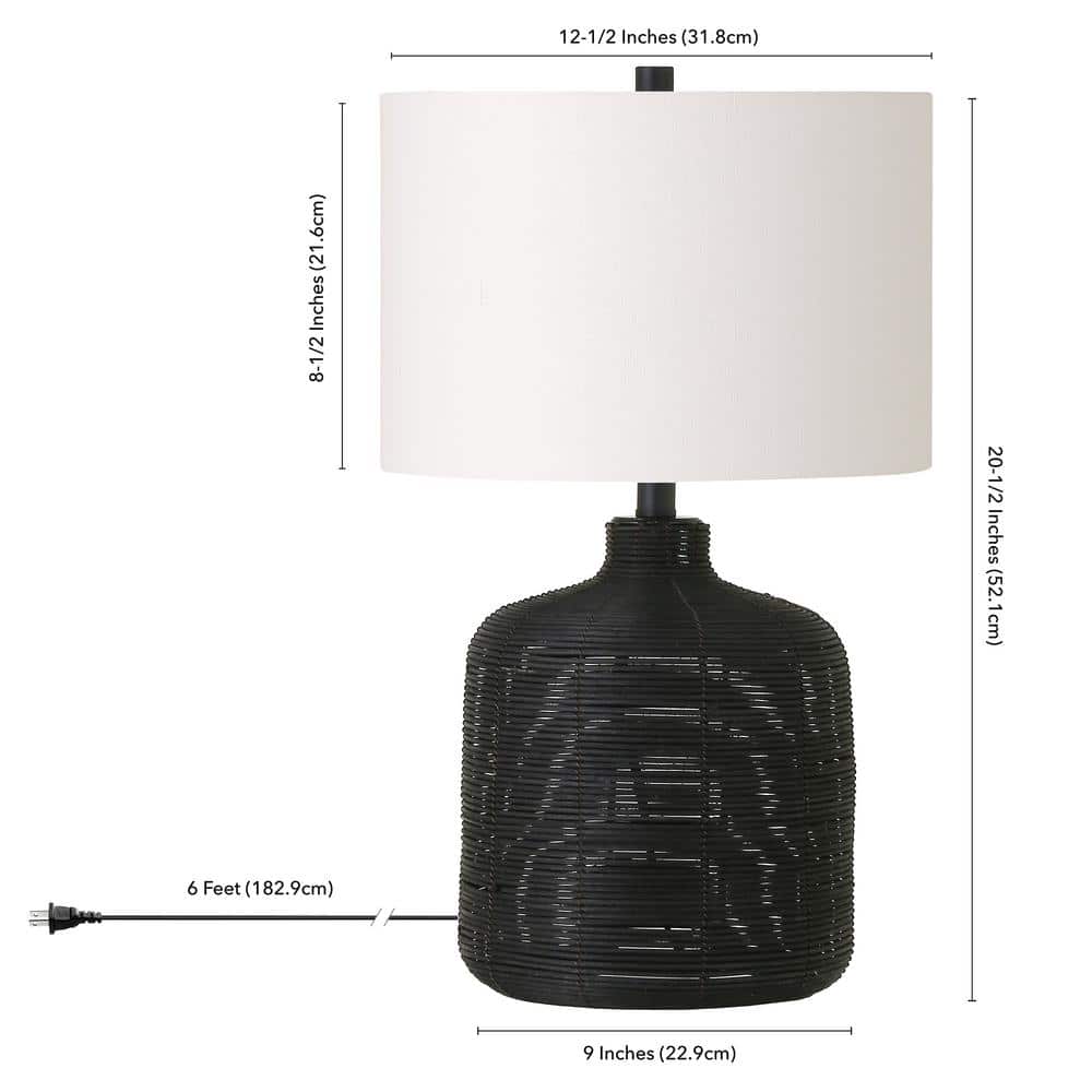 Petite Black Rattan Table Lamp with White Linen Shade