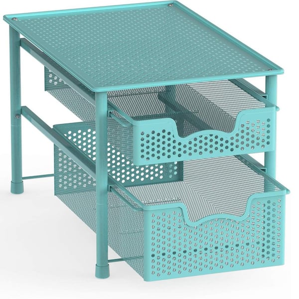 Turquoise 11 in. x 12 in. Metal Modern 2-Tier Sliding Desk Organizer Drawer