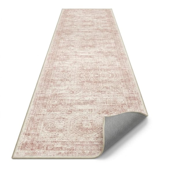 2'x8' Non Slip Runner Rug, Washable Low Pile Carpet with Rubber Backing, Pink Ivory