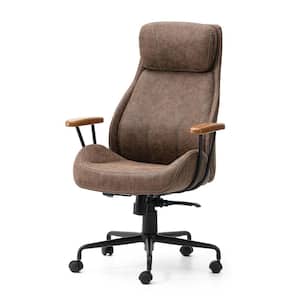 Modern Faux Leather Gaslift Adjustable Swivel High Back & Armrest Office Chair in Coffee with Wooden Armrest