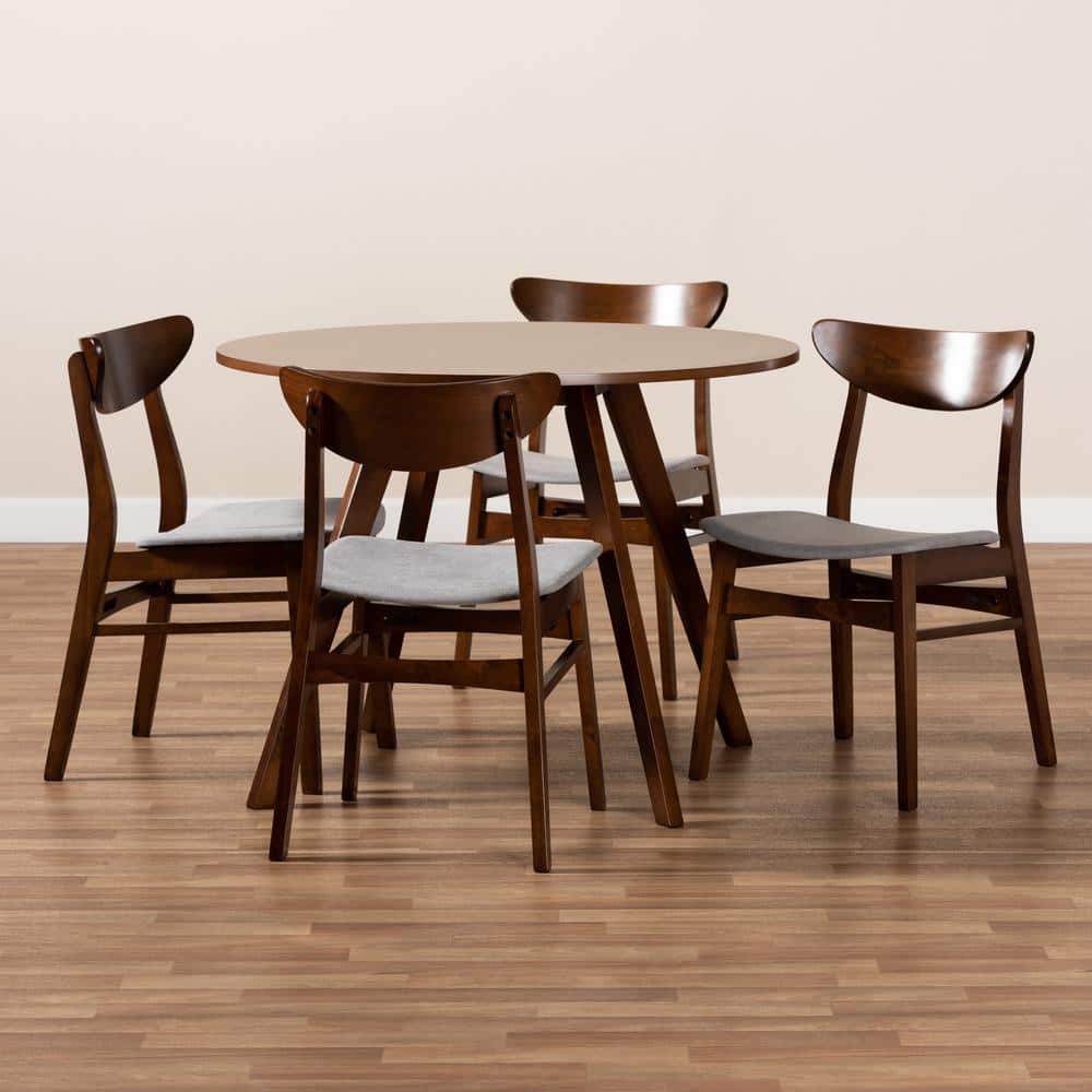 Philip Mid-Century Modern Walnut Brown and Light Grey 5-Piece Dining Set