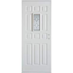 32 in. x 80 in. Geometric Brass Rectangular Lite 12-Panel Painted White Left-Hand Inswing Steel Prehung Front Door