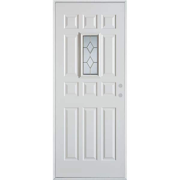 32 in. x 80 in. Geometric Brass Rectangular Lite 12-Panel Painted White Left-Hand Inswing Steel Prehung Front Door