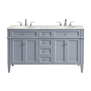 60 in. W x 21.5 in. D x 21.5 in. H Double Bathroom Vanity in Grey with White Marble Vanity Top and White Basin