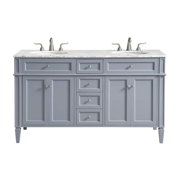 Unbranded 60 in. W x 21.5 in. D x 21.5 in. H Double Bathroom Vanity in Grey with White Marble Vanity Top and White Basin