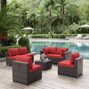 7-Piece Wicker Outdoor Patio Furniture Sectional Set with Red Cushions and Coffee Table