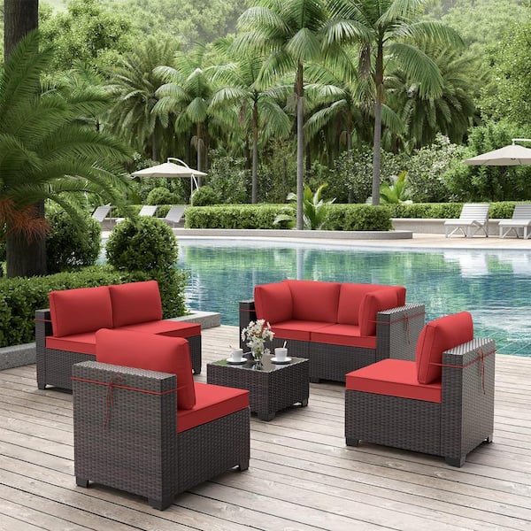 7-Piece Wicker Outdoor Patio Furniture Sectional Set with Red Cushions and Coffee Table