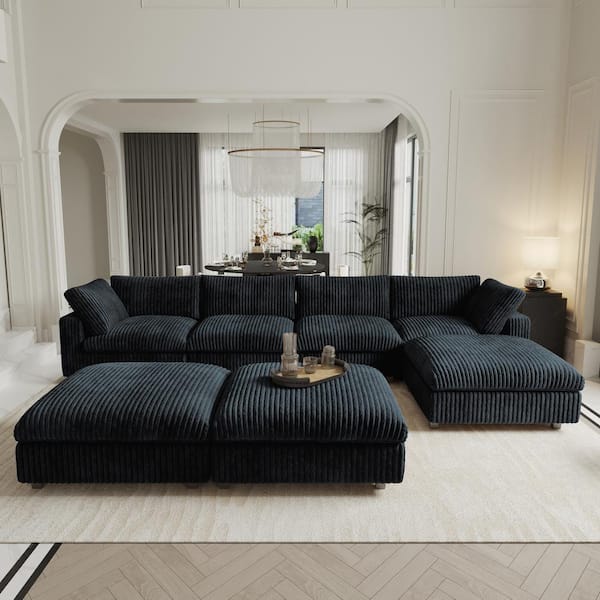 157 in. Square Arm Faux Rabbit Fur Velvet 7-Piece Free Combination Cloud Modular Sectional Sofa with Ottoman in Black