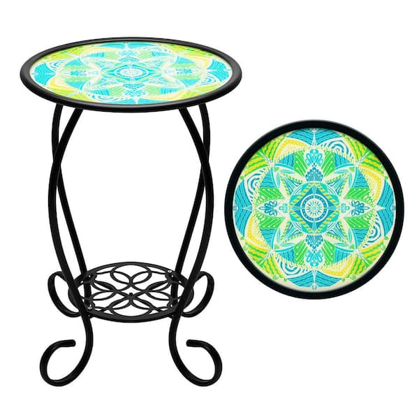 Everyday 14 in. Round Glass Mandrake Pattern Outdoor Side Table